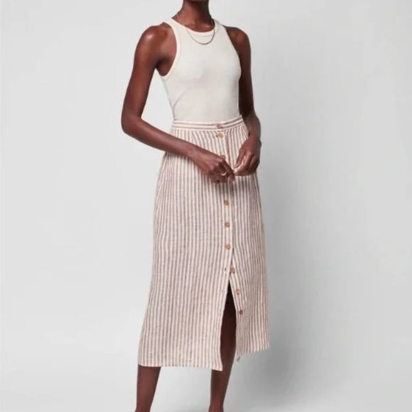 Faherty Dresses & Skirts - Faherty Billie Skirt Bronze Low Tide Stripe Midi Button Linen Size s